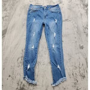 Stag Jeans Womens 11 Juniors Blue Distressed Crop Skinny Fringe Raw Hem Stretch
